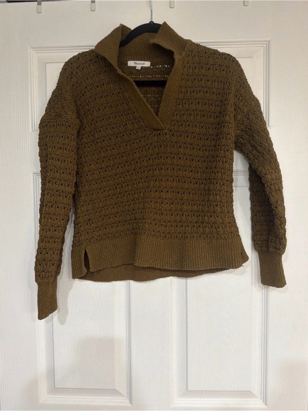 Madewell Olive-Brown Open-Stitch Collared V-Neck Sweater